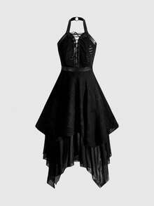 ROMWE Gothic Style Asymmetrical Hem Lace-Up Dress For Women - Black - View 1