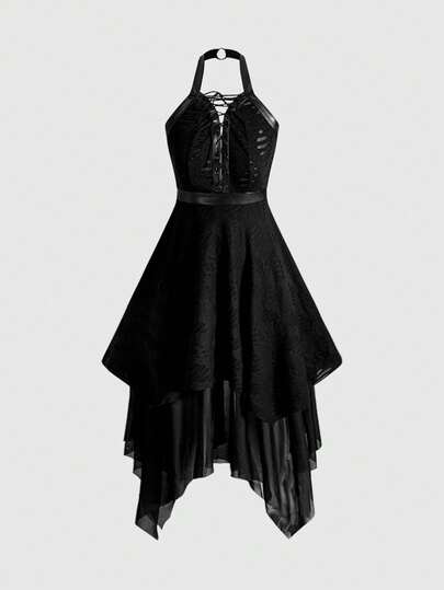Goth Gotischer Stil Asymmetrischer Saum Schnürkleid für Frauen