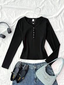 SHEIN 青少年女孩上衣紧身、时尚、基本款纽扣细节长袖女孩休闲 T 恤，返校、简约 T 恤，弹性柔软面料，罗纹纹理