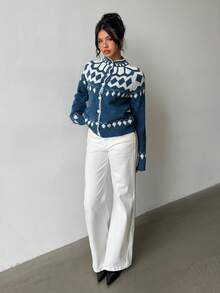 Flirla Women's Vintage Fair Isle Pattern Cardigan Sweater, Fashion Versatile Commute Casual Loose Fit Autumn/Winter - Navy Blue - View 6