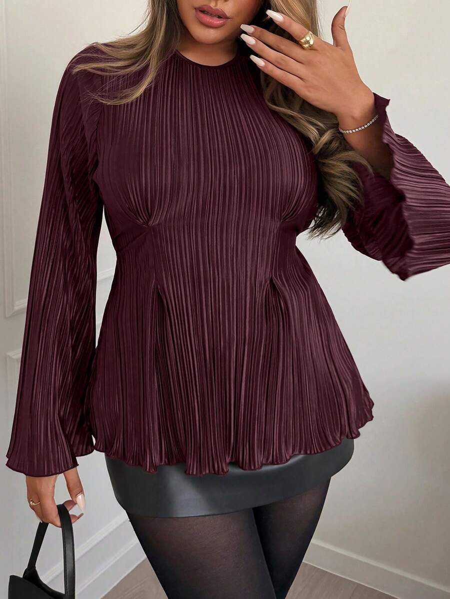 Xyvia 女士褶裥腰身优雅通勤约会衬衫，秋季款 - 酒紅色 - 查看 1