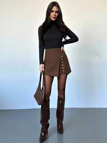 Firerie 女士优雅日常都市通勤短裤，棕色羊毛面料，裹身式裙裤，金属扣装饰高腰短裤，秋冬款 - 棕色 - 查看 6