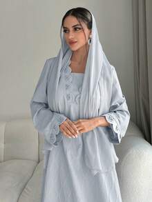 Al Najma Váy Ả Rập dài tay thanh lịch viền vỏ sò màu trơn dành cho nữ - Màu xanh lam - Xem 6