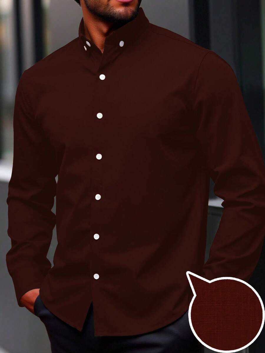 Manfinity Homme Áo sơ mi nam màu trơn cài nút phía trước cỡ lớn, mùa thu - Màu Đỏ Sâu - Xem 1