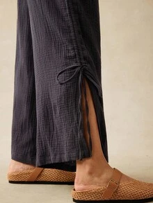 Boho Mama Maternity Pants For Women,Solid Color Plain Grey Drawstring Waist Wide Leg Flowy Casual Pants,Lounge Autumn Capri Pants With Pockets - Black - View 4
