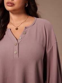 Lazeform Solid Color Knit Collar Button Decor Loose Long Sleeve & Pants Pajama Set, Plus Size - Dusty Pink - View 5