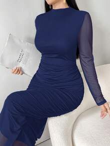Modelyn 大码女式黑色网纱长袖高领褶皱设计优雅晚礼服，秋冬款 - 寶藍色 - 查看 8