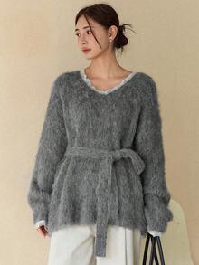 Dazy-Less Women's V-Neck Long Sleeve Loose Fuzzy Sweater, Autumn/Winter - Grey - View 4