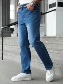 Manfinity Homme Men's Straight Loose Casual Versatile Jeans With Pockets - Blue - View 3
