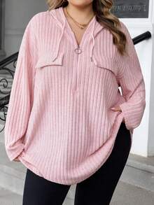 SHEIN CURVE+ Áo thun chui đầu họa tiết gân có mũ trùm đầu nửa khóa kéo cỡ lớn dành cho nữ, mùa thu/đông - Màu Hồng baby - Xem 6