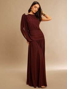 Silquee Burgundy Elegant Summer Dining Dress,Metallic-Embellished A-Line Stretch Knit Pleated Maxi,Draped Sleeve Flowing Gown For Party Bridesmaid Valentine - Coffee - View 6