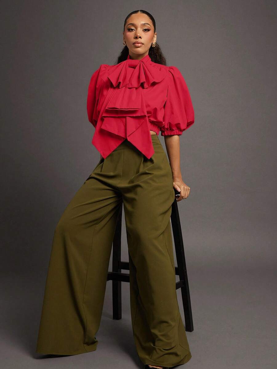 Vixey 夸张蝴蝶结泡泡袖拉链梭织上衣 - 紅色 - 查看 1