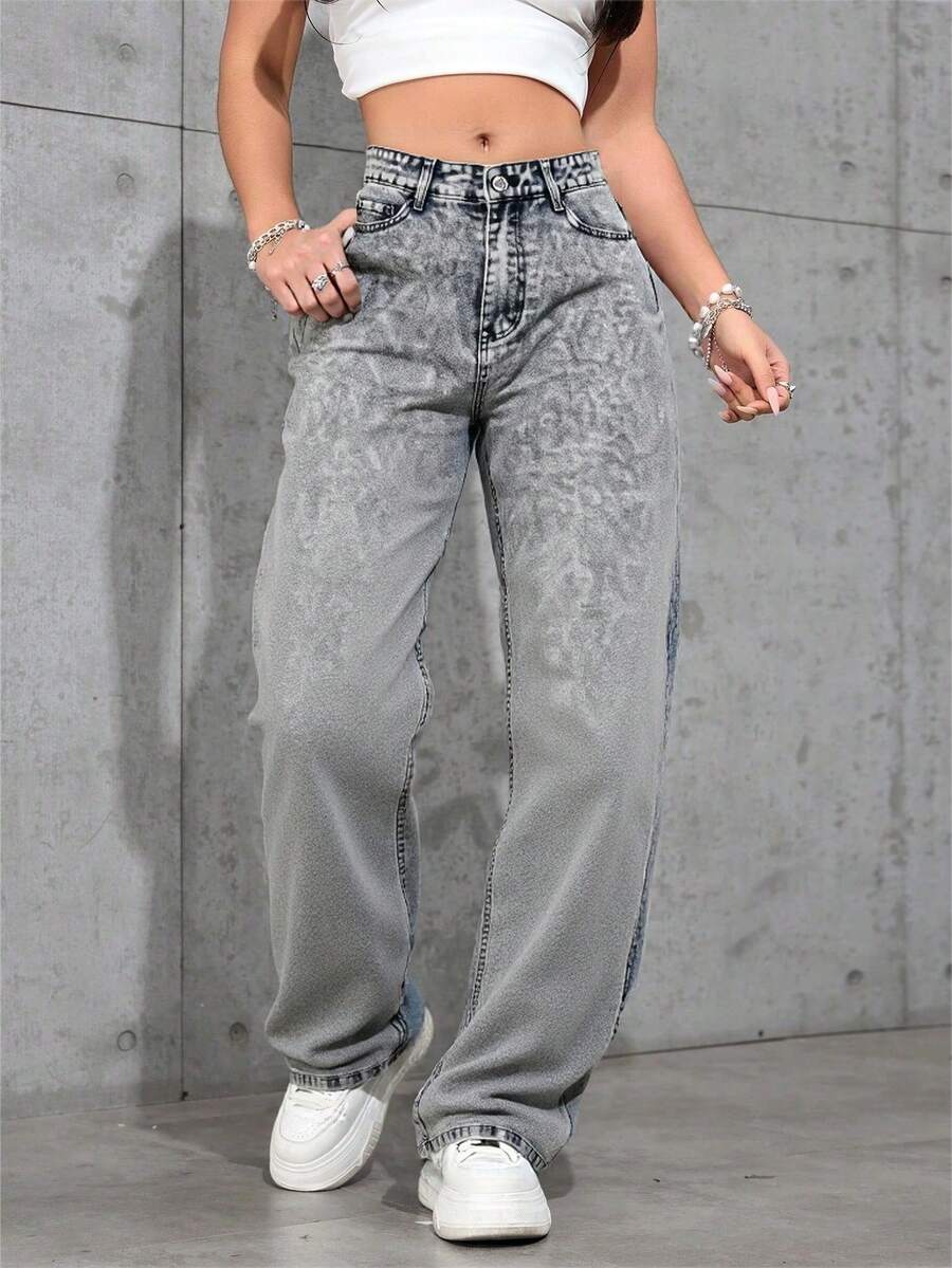 Pantalones Vaqueros Anchos de Mujer de Cintura Alta, Estilo Vintage con Detalles Únicos, Confortables y Versátiles - Gris - Ver 1