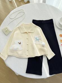 SHEIN 两件套女童可爱粉色兔子小狗提花针织毛衣（带蝴蝶结装饰）和黑色直筒针织裤 - 杏色 - 查看 4