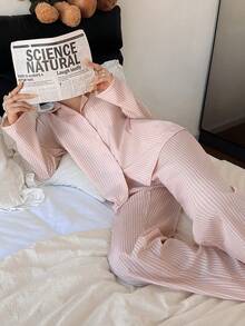 Dream Adore Women's Casual Striped Print Lapel Collar Pajama Set, Winter Clothes - Khaki - View 6