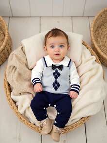Newborn Baby Casual Fashion Cute Diamond Pattern White, Gray, Navy Blue Knitted Striped Bodysuit, Soft & Comfortable, Suitable For Daily, Outdoor, Travel, Holiday, Home, Daycare, Playtime, Autumn/Winter, Christmas, Back To School, Party, All-Match Airplane Captain Outfit For Baby Boy Knitted Baby Boy Outfit Baby Boy Sweater Set Sapphire Suit For Baby Boy Baby Sailor Navy Outfit Argyle Baby Boy Outfit Baby Boy Argyle Sweater Baby Boy Navy Suit Baby Sweater Baby Boy Argyle Outfit - Royal Blue - View 5