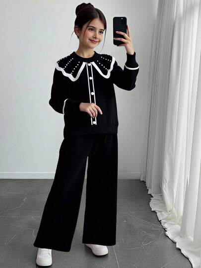Sparklyn Tween Girls' Black Sweater Co-Ords Set - Sweet Style With Heavy-Duty Ruffled Collar, Wide Lapel & 3D Pearl Embellishments. Loose, Versatile & Elegant Knitted 2-Piece Outfit (Long-Sleeve Cardigan + Pants) With Gentle, Fashion-Forward Design. Suitable For Daily Wear, Festive Occasions, Outings, Travel, Vacations, Home Wear & Back-To-School Looks, Boasting Rich Details & All-Round Adaptability. Girls Pants Suit Girls Coord Sets Tween Girl Outfits Girls Spring Autumn Suit Sweatshirt Straight Pants Suit Tween Girl Sweatpants Suit Girl Spring Autumn Outfit
