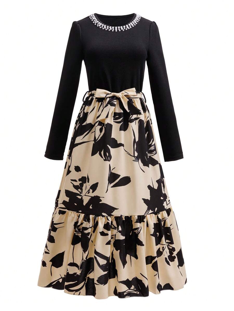 Teen Girl Pearl Decor Round Neck Long Sleeve Floral Print Patchwork Hem Fashion Dress - Multicolor - View 1