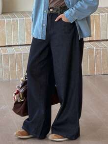 DAZY 少女拼接豹纹腰带口袋阔腿休闲牛仔裤 - 寶藍色 - 查看 4