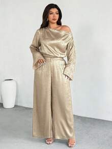 Firerie Damen Große Größen Set aus asymmetrischer Schulter Loose Metallic Weite Ärmel Bluse und Elastischer Taille Weite Bein Hose, geeignet für Dates, Partys, Pendeln, Konzerte, Abschlussfeier, Lehreroutfit, formelle Anlässe - Gold - Übersicht 7