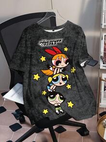 THE POWERPUFF GIRLS X SHEIN Plus Size Women Summer Casual Street Chic Cute Cartoon Letter Graphic Washed T-Shirt - White - View 1