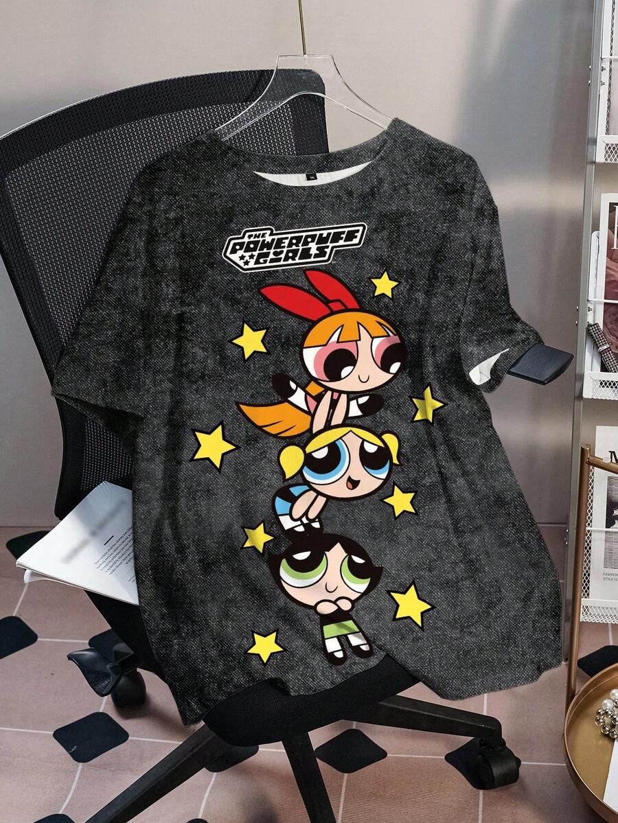 THE POWERPUFF GIRLS X SHEIN Plus Size Women Summer Casual Street Chic Cute Cartoon Letter Graphic Washed T-Shirt - White - View 1