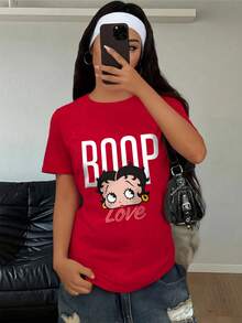 Betty Boop x SHEIN Women Casual Loose Crew Neck Short Sleeve T-Shirt, Suitable For Summer Suitable For Going Out - Red - View 7