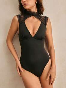 Charlaine Sexy Black Sleeveless Bodysuit For Women Semi Sheer Ladder Cutout Lace Detail Lingerie - Black - View 3