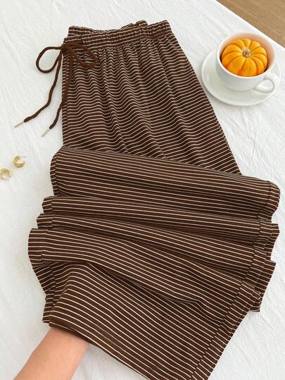Comfortcana Plus Size Brown & White Striped Casual Drawstring Pants, Autumn/Winter,Christmas,New Year,Thanksgiving,Party,Wedding,Beach,Graduation,Chic,Elegant,Casual,Going Out,Date,Appointment,Commute Striped Pajama Pants Drawstring Pajama Pants Women's Pajama Bottoms