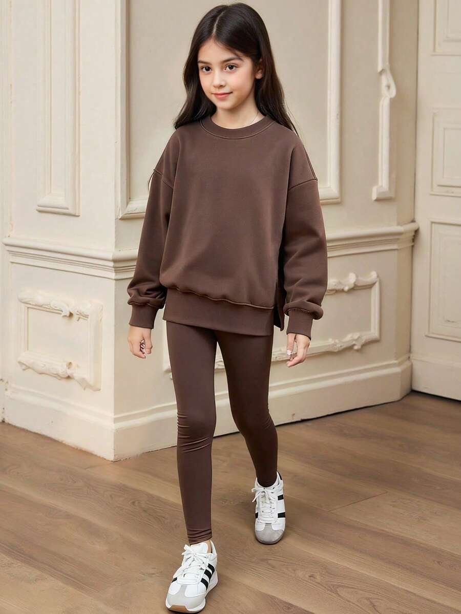 Sparklyn 1 套时尚休闲宽松落肩连帽衫和紧身打底裤套装，适合青少年女孩深色，时尚秋冬服装 - 咖啡棕 - 查看 1