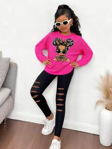 SHEIN Autumn/Winter Young Girls Casual Fashion Creative Personalized Fresh Minimalist Cute Kawaii Girl Silhouette Stylish Pattern Print Long Sleeve T-Shirt And Pants 2-Piece Cozy Fall & Winter Outfit - Multicolor - View 3