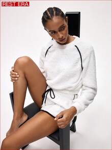 Rest Era Women's Raglan Sleeve Fluffy Top And Drawstring Waist Shorts Lounge Set, Winter Clothes - White - View 1