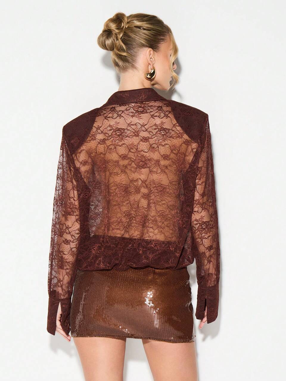 KIZN Plunge Lace Bodysuit With Shoulder Pads