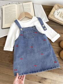LMoss Kids 女婴樱桃图案蓝色休闲无袖牛仔背带裙 - 中等水洗藍 - 查看 6