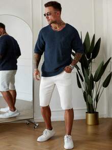 Manfinity Homme 男士休闲纯色针织毛衣 - 寶藍色 - 查看 4