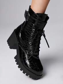 ROMWE Grunge Punk Women's Buckle Design Thick Sole Fashion Daily Versatile High Heel Ankle Boots For Christmas - Black - View 3