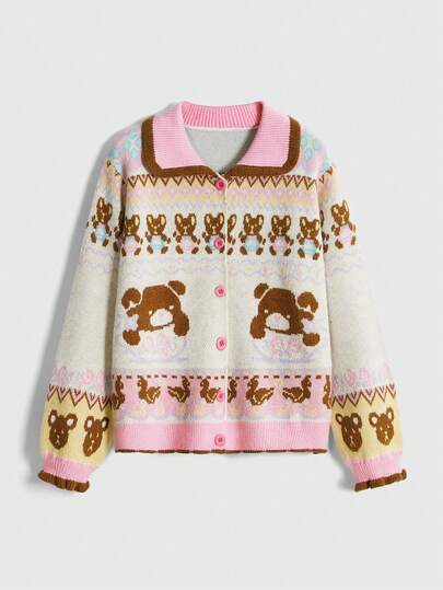 Kawaii Women's Y2K Cute Bear & Duck Jacquard Contrast Color Collared Cardigan Sweater