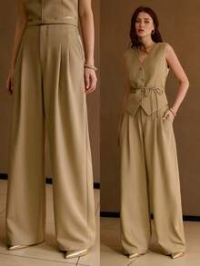 MOTF PREMIUM PANTALONES ELEGANTES DE OFICINA DE unicolor CON PLIEGUES DELANTEROS VERSÁTILES DE COLOR CAQUI PARA MUJER - Caqui - Ver 1