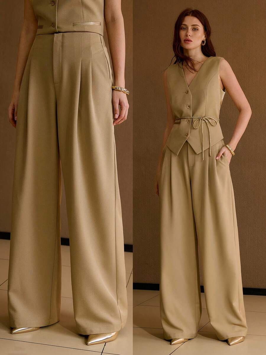 MOTF PREMIUM PANTALONES ELEGANTES DE OFICINA DE unicolor CON PLIEGUES DELANTEROS VERSÁTILES DE COLOR CAQUI PARA MUJER - Caqui - Ver 1