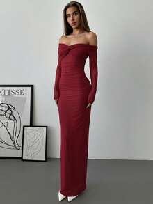 Aloruh Váy hẹn hò lãng mạn trễ vai phối lưới, thắt nút xoắn, chi tiết nhún bèo, tay dài - Màu Đỏ Sâu - Xem 6