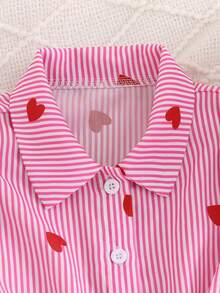 SHEIN 2件套 女童可爱条纹爱心印花短袖上衣 - 粉色 - 查看 8