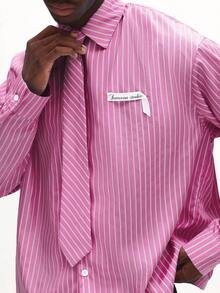 SUMWON 长袖条纹衬衫，系带，纽扣领，宽松版型，商务休闲办公穿着，春夏纯色 - 粉色 - 查看 5