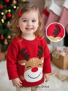 Cozy Pixies 女婴3D圣诞驯鹿图案圆领长袖套头卫衣 - 紅色 - 查看 9