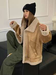 DAZY Women's Suede Fleece Zip-Up Casual Regular Jacket Women Coats - Khaki - View 6