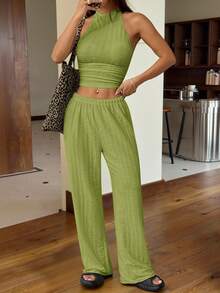 SHEIN EZwear 青柠绿针织女式休闲紧身两件套 - 青檸色 - 查看 5