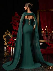 Glamrae Elegant Luxury Handmade Embroidered Sweetheart Collar Stand Collar, Heavily Embroidered With Rhinestones, Waist Pleats, Fishtail Hem Design Evening Gown, Business Formal Dress, Guest Dress, Evening Dress - Dark Green - View 3