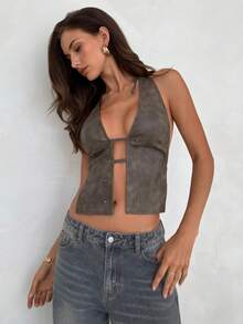 Aloruh Women's Sexy Deep V Beaded Decor PU Backless Halter Top,Tank Top - Brown - View 8