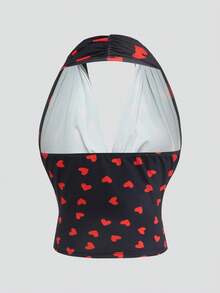 Olithes Versatile Women's T-Shirt Valentine's Day Heart Print T-Shirt Fashionable Off-Shoulder T-Shirt Halter Neck Top Off Shoulder Top Crop Top Heart Print Top Ruched Top Y2k Clothes Women Tops Halter Top Womens Tops - Multicolor - View 5