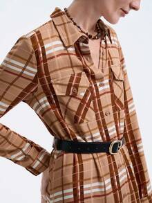 Aalyst Women's Brown Checkered Elegant Luxury Christmas Party Casual Maxi Shirt Dress,Autumn Occasion Vintage Plaid Shirt Collar Open Front Pocket Belt Waist - Multicolor - View 7