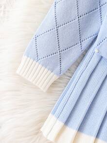 Young Girl Diamond Beaded Bow Decor Knitted Cardigan And Pleated Knit Skirt Set, Suitable For School, Outing Or Holiday Gathering - Blue - View 7